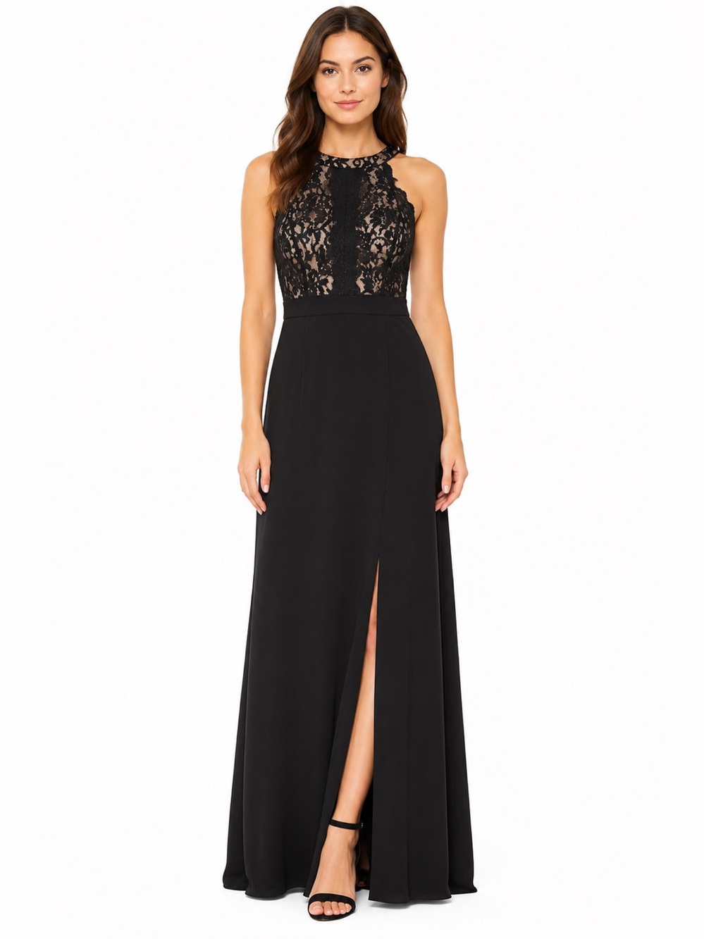 NWT R&M Richards Black Nude Lace Sequin Maxi Dress Size 9